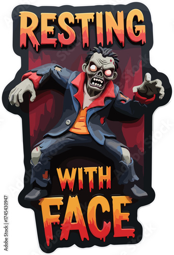 Cartoon zombie sign with RESTING WITH FACE text perfect for Halloween fun