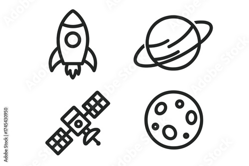 Simple outline icons featuring a rocket, planet, satellite, and moon