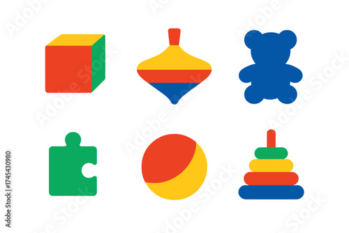 Colorful collection of classic children's toys including cube, spinning top, teddy bear, and stacking rings