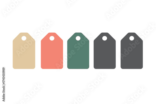 Row of five blank retail price tags with rounded corners and string holes in various muted colors