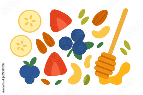 Assortment of fresh berries, sliced banana, nuts, and golden honey dipper