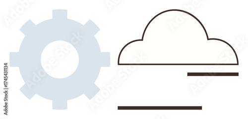 Gear beside cloud with minimalist lines suggesting connection and interaction. Ideal for technology, cloud computing, IT infrastructure, software development, innovation, automation, and networking