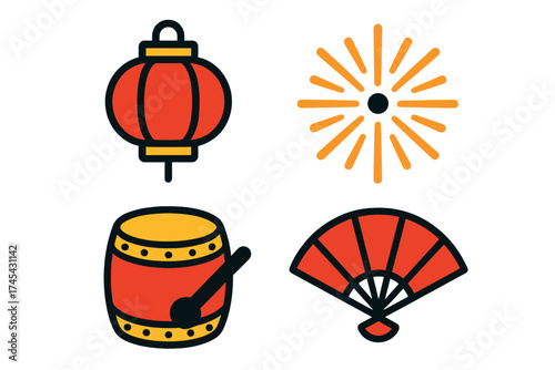 Traditional Chinese New Year symbols: red lantern, festive fireworks, drum, and folding hand fan