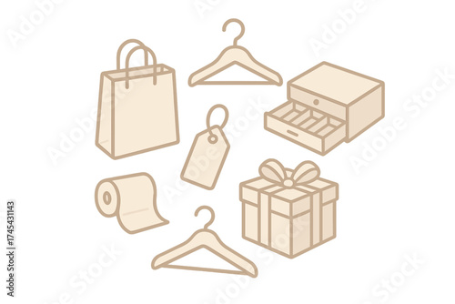 Essential retail and shopping elements: gift box, shopping bag, price tag, and clothing hangers