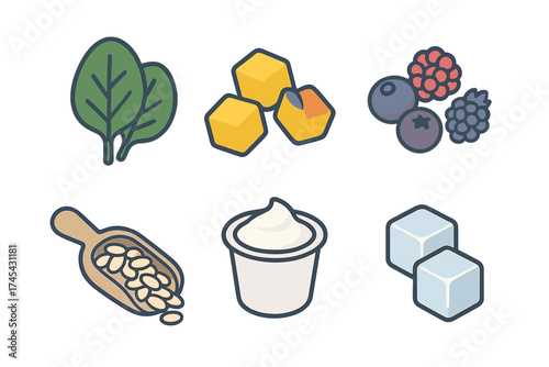 Healthy smoothie ingredients collection including spinach mango berries and yogurt