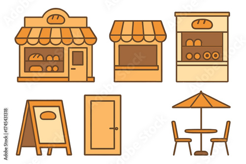 Set of stylized icons depicting a traditional bakery storefront, display case, and outdoor cafe furniture