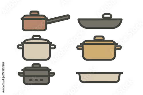 Set of various kitchen cookware including saucepans frying pans and baking dishes