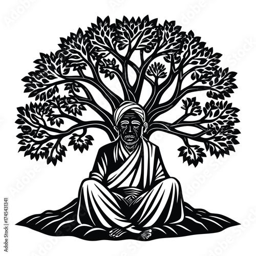 Meditating Man Silhouette Under a Tree Black and White Illustration Art on White Background