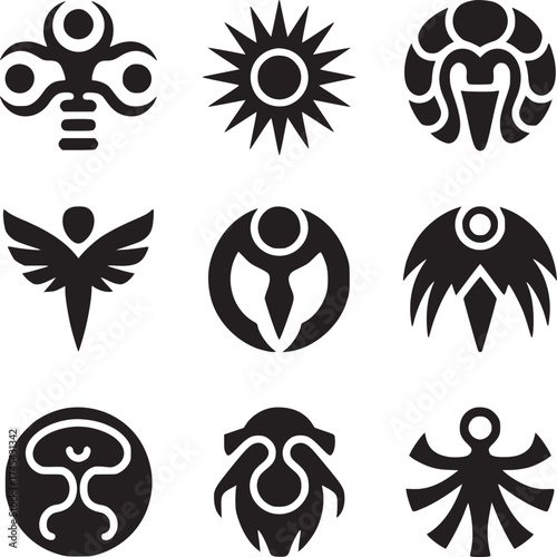 A collection of nine unique black vector glyphs arranged in a grid on a white background plane