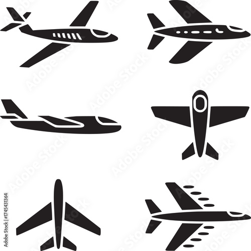 A collection of six different airplane icons in black silhouette on a white background showing flight