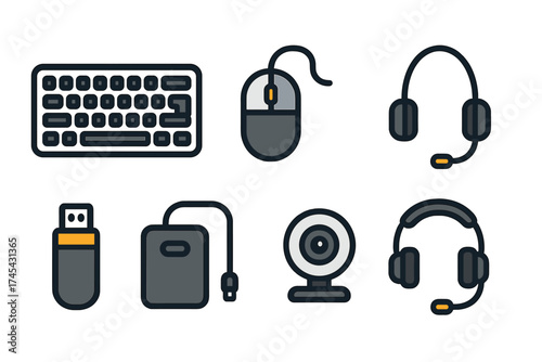 Set of outline computer peripheral icons including keyboard mouse and headset devices