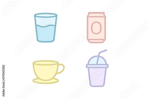 Pastel colored icons representing popular drinks: water, soda, coffee, and a cold beverage