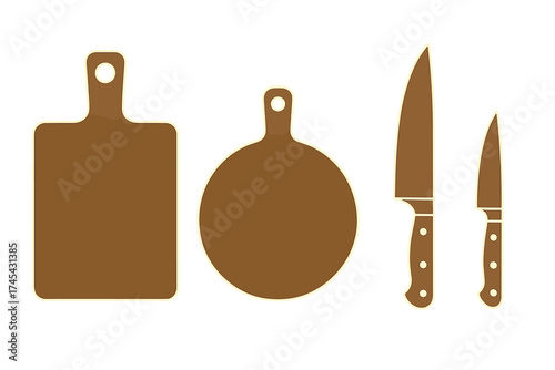 Essential kitchen utensils set featuring two cutting boards and two sharp chef knives for food preparation
