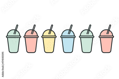 Six colorful disposable cups with dome lids and straws lined up horizontally