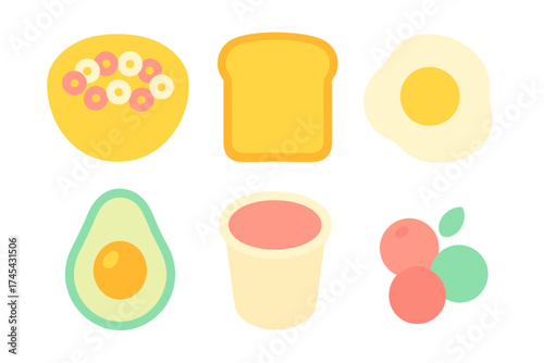 Popular breakfast foods including cereal, fried egg, toast, avocado, yogurt, and berries