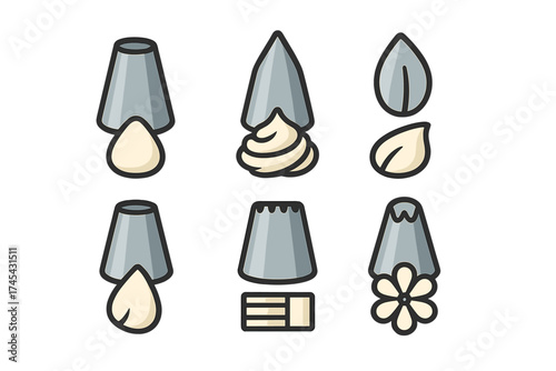 Metal piping tips and nozzles creating decorative icing shapes