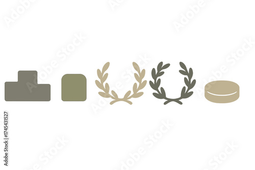 Geometric shapes and classical laurel wreath symbols in muted earthy tones