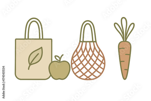 Reusable shopping bags and fresh produce for sustainable zero waste grocery shopping