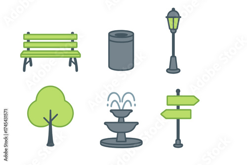 Park and outdoor public space elements set including bench, trash can, lamppost, tree, fountain, and signpost