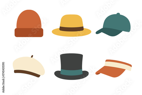 Set of various colorful hats including beanie, fedora, baseball cap, beret, top hat, and visor