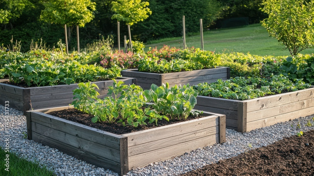Obraz premium Woman planting a variety of herbs in raised garden beds.