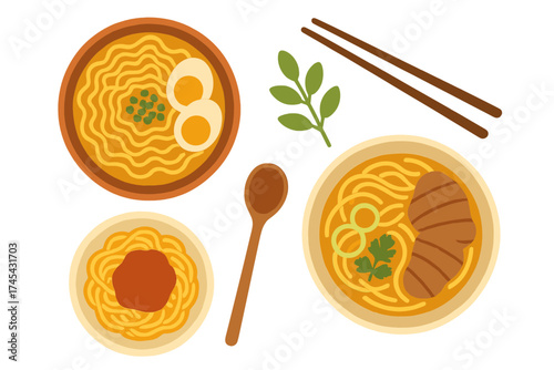 Assortment of Asian noodle bowls featuring ramen, eggs, meat, and spaghetti with accompanying serving utensils