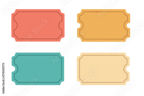 Set of four blank retro style admission tickets with decorative borders and tear-off notches