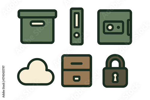 Data storage, security, and archiving symbols featuring cloud, safe, and padlock