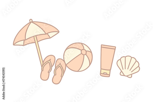 Minimalist summer vacation objects featuring sun umbrella sandals beach ball and seashell