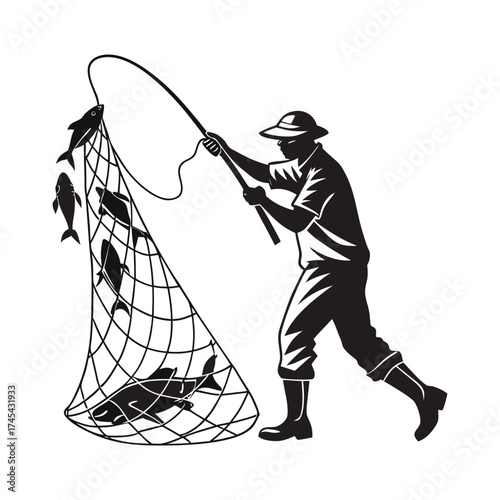 Fishing Trip Silhouette, Fisherman Catching Fish Vector Illustration, Outdoor Activity on White Background