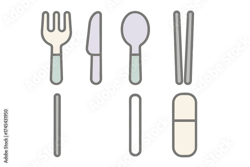 Stylized collection of essential dining implements including fork knife spoon and chopsticks