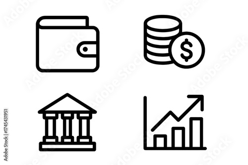 Set of four essential financial and business symbols including wallet, money, bank, and growth chart