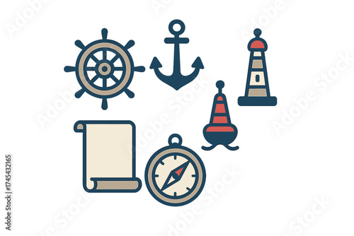 Essential marine navigation icons set featuring ship wheel, anchor, lighthouse, buoy, and compass