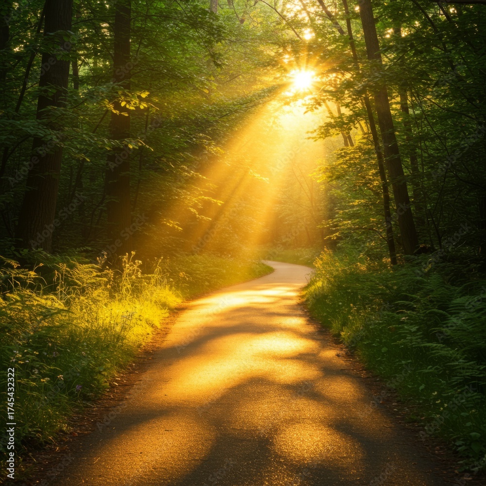 Obraz premium Sunlight Shines Through Trees in Forest Pathway with Shadows and Greenery in Summer