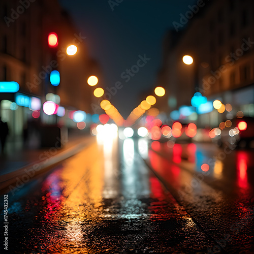 Night city with glare effect, cars, people