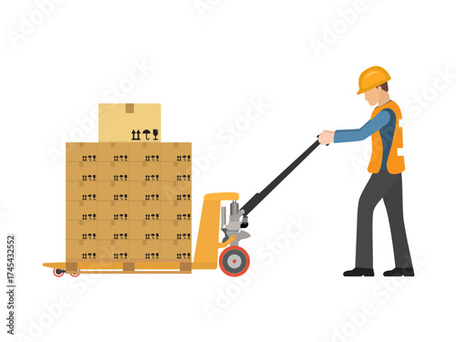 One worker is moving heavy boxes of goods by the hand pallet truck on white background. Vector illustration EPS 10.