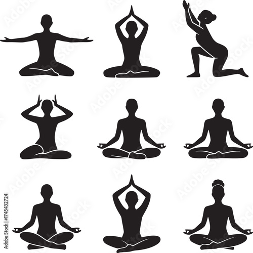 Nine black silhouette yoga poses arranged in a grid on a white background for wellness and exercise
