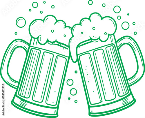 Two Mugs of Green Beer Clinking for St Patricks Day Celebration