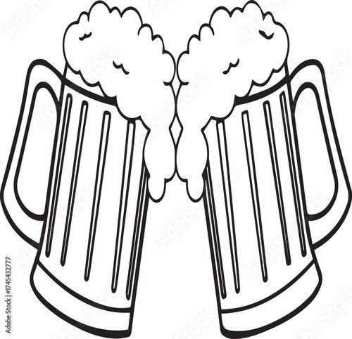 Cheers with foamy beer mugs outline illustration for design use