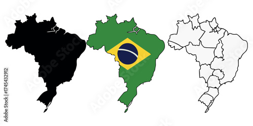 Brazil map outlines with national flag and border divisions, perfect for geography, education, travel guides, and South American studies resources