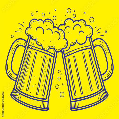 Two Beer Mugs Clinking with Frothy Head on a Yellow Background