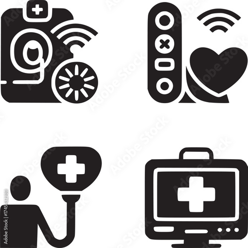Four medical icons depicting telemedicine, remote patient monitoring, and digital healthcare solutions