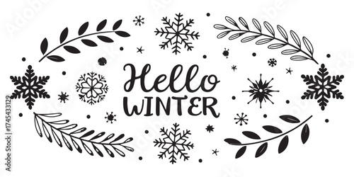 Welcoming winter's charm with delicate snowflakes and graceful branches, perfect for seasonal greetings and festive designs