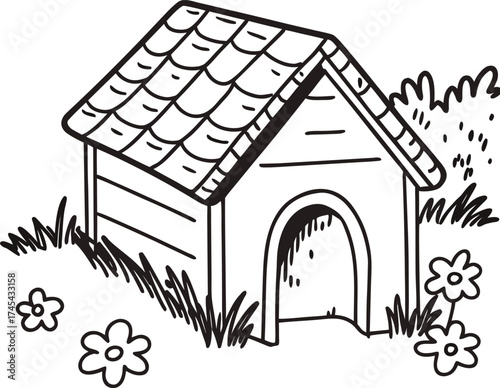 Whimsical hand drawn dog house with flowers and plants simple outline artwork isolated on transparent background