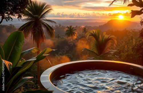 A hot tub in luxury hotel of Costa Rica at sunset surrounded by lush tropical plants with stunning rainforest landscape background.
