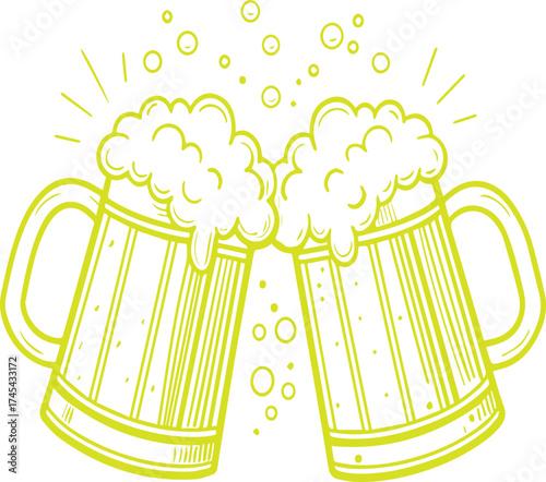 Two Beer Mugs Toasting in Celebration with Bubbles and Foam