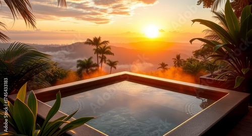 A hot tub in luxury hotel of Costa Rica at sunset surrounded by lush tropical plants with stunning rainforest landscape background.