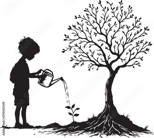 Child watering plant beside mature tree, black and white vector illustration of growth and nurturing