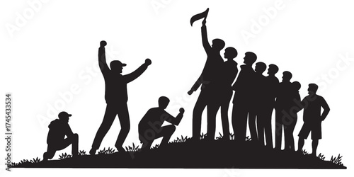 Dynamic silhouette illustration of determined crowd rallying with flag, perfect for conveying themes of protest, unity, activism, and social movements