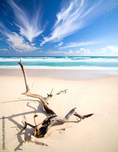 Sandy beach with driftwood under a cloudy sky